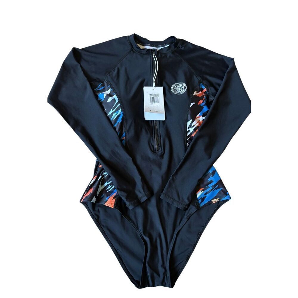 NEW AXESEA Long Sleeve Rash Guard Zipper Surfing One Piece Swimsuit size 8 Black - Picture 3 of 14
